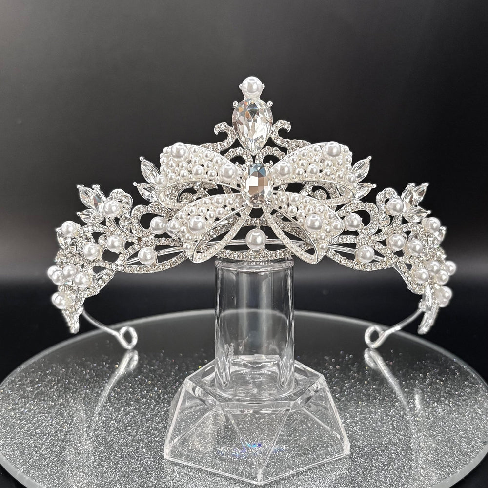 Silver Wedding Tiara with Crystal Embellished Bow, Bridal Headdress TT1028