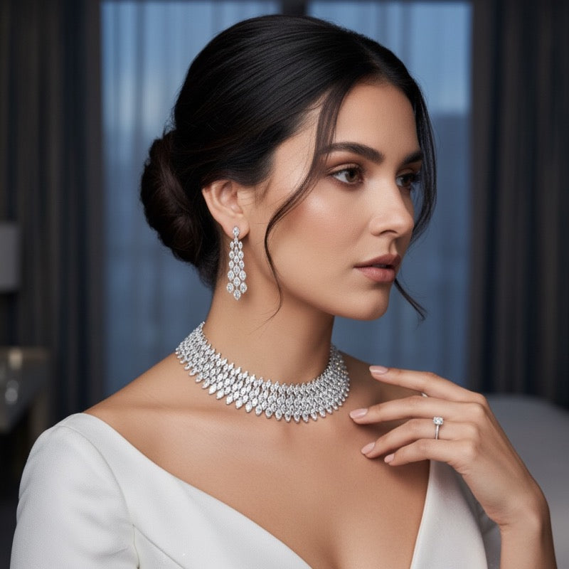 Statement Bridal Choker Necklace Set – Crystal Wedding Jewellery Set