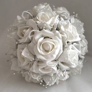 
            
                Load image into Gallery viewer, White Artificial Wedding Bouquet Roses, Diamantés and Pearls, Bridal Flowers FL61
            
        