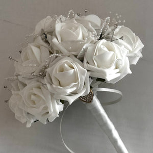 White Artificial Wedding Bouquet Roses, Diamantés and Pearls, Bridal Flowers FL61
