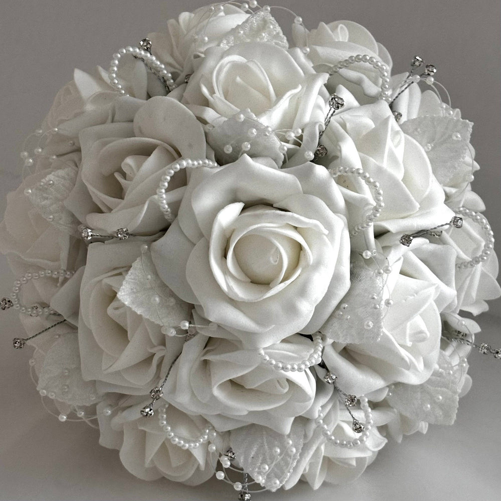 
            
                Load image into Gallery viewer, White Artificial Wedding Bouquet Roses, Diamantés and Pearls, Bridal Flowers FL61
            
        