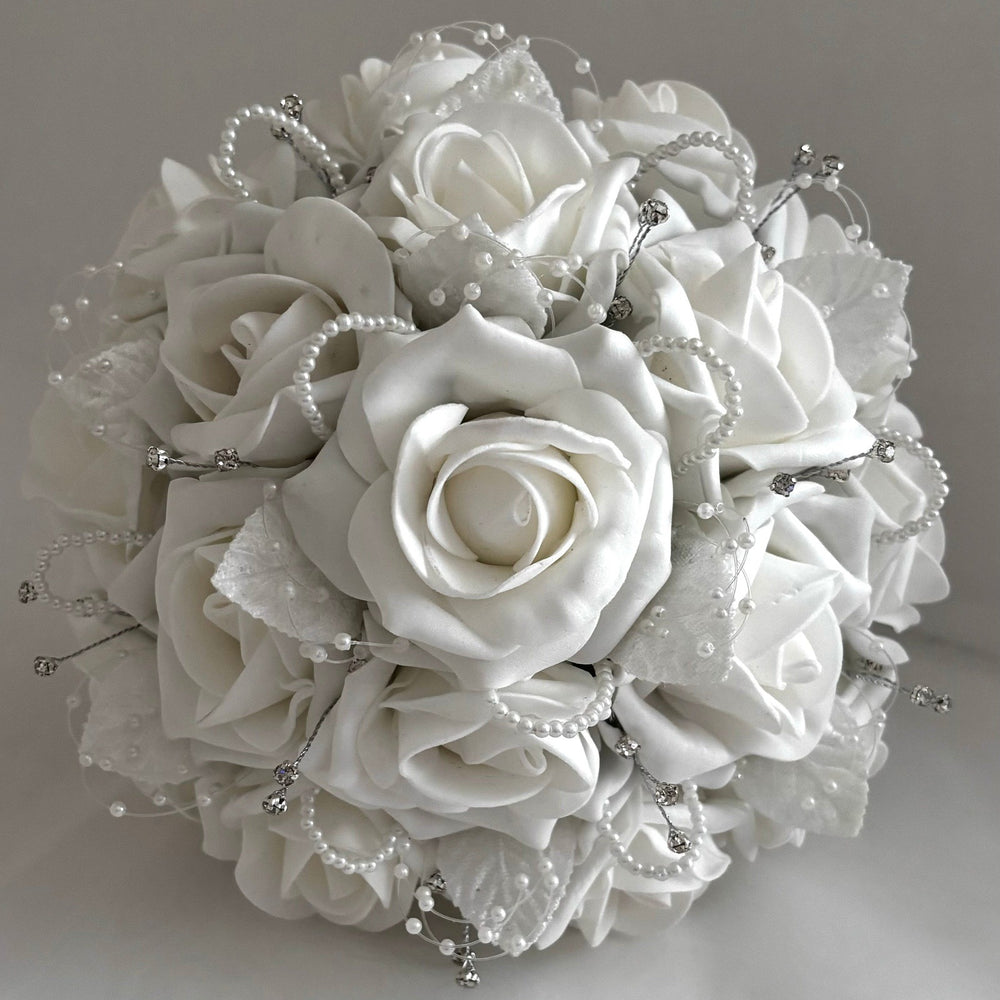 White Artificial Wedding Bouquet Roses, Diamantés and Pearls, Bridal Flowers FL61