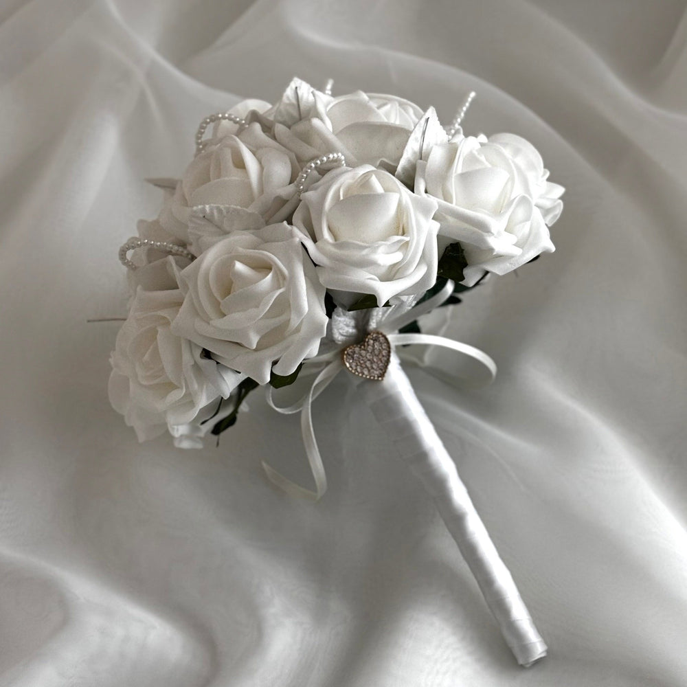 
            
                Load image into Gallery viewer, White Artificial Wedding Bouquet with Roses and Pearls, Bridal Flowers FL53
            
        