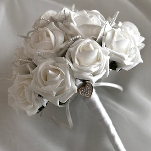 White Artificial Wedding Bouquet with Roses and Pearls, Bridal Flowers FL53