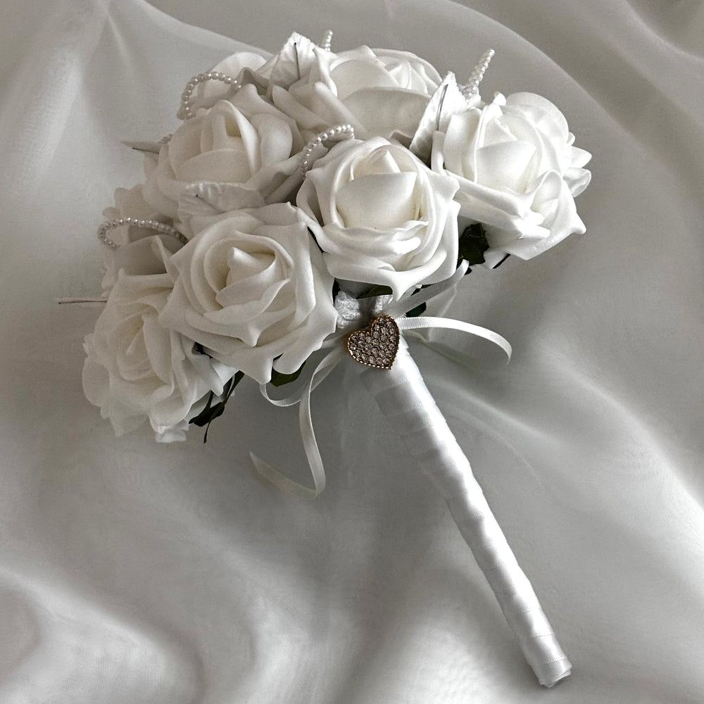 White Artificial Wedding Bouquet with Roses and Pearls, Bridal Flowers FL53
