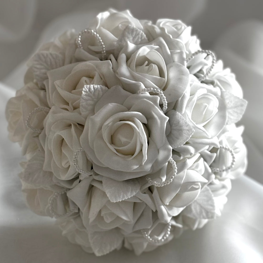 
            
                Load image into Gallery viewer, White Artificial Wedding Bouquet with Roses and Pearls, Bridal Flowers FL53
            
        