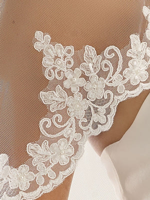 White Cathedral Length Wedding Veil, Beaded Lace Edge, S129