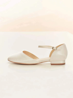 Avalia Ivory Satin Flat Wedding Shoes with Ankle Strap, Satin Wedding Pump SISSI **50% OFF SIZE 5**