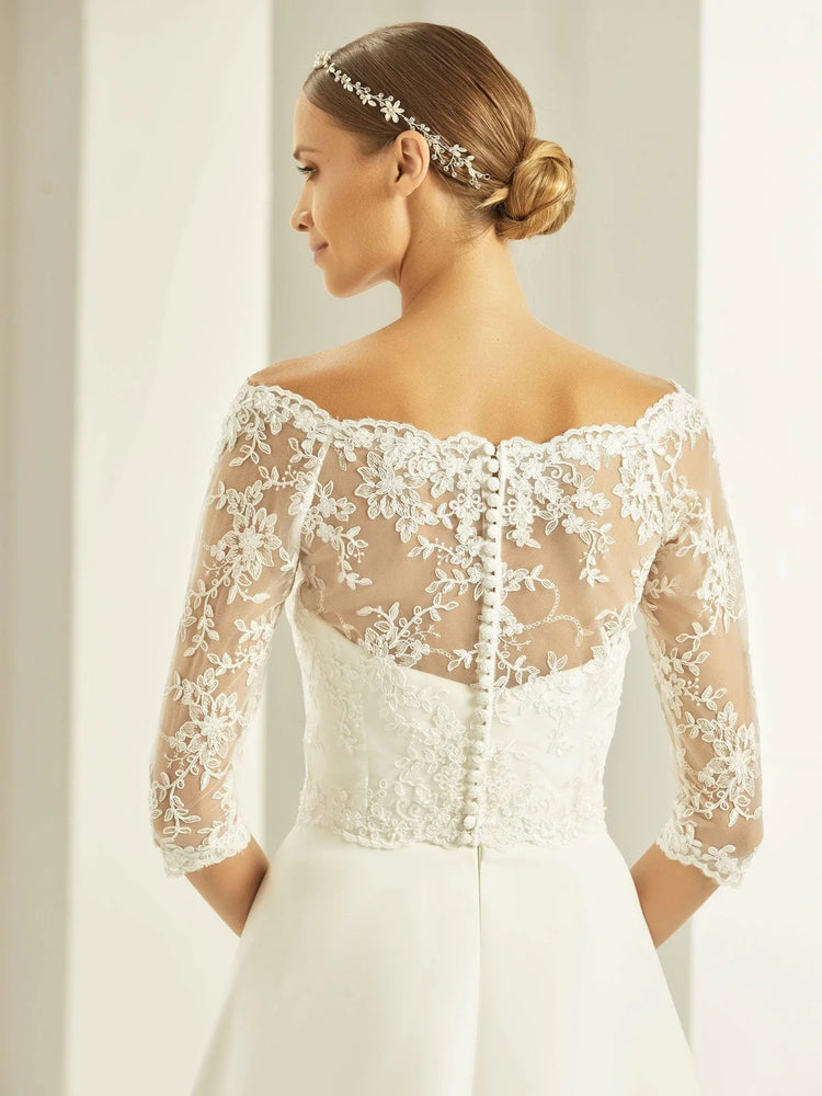 
            
                Load image into Gallery viewer, Bianco Evento Brides Ivory Lace Bolero, Wedding Dress Cover Up E274
            
        