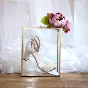 Block Heel Bridal Sandal, Ivory Satin, Pearl Embellishment, By Perfect Bridal, Carrie