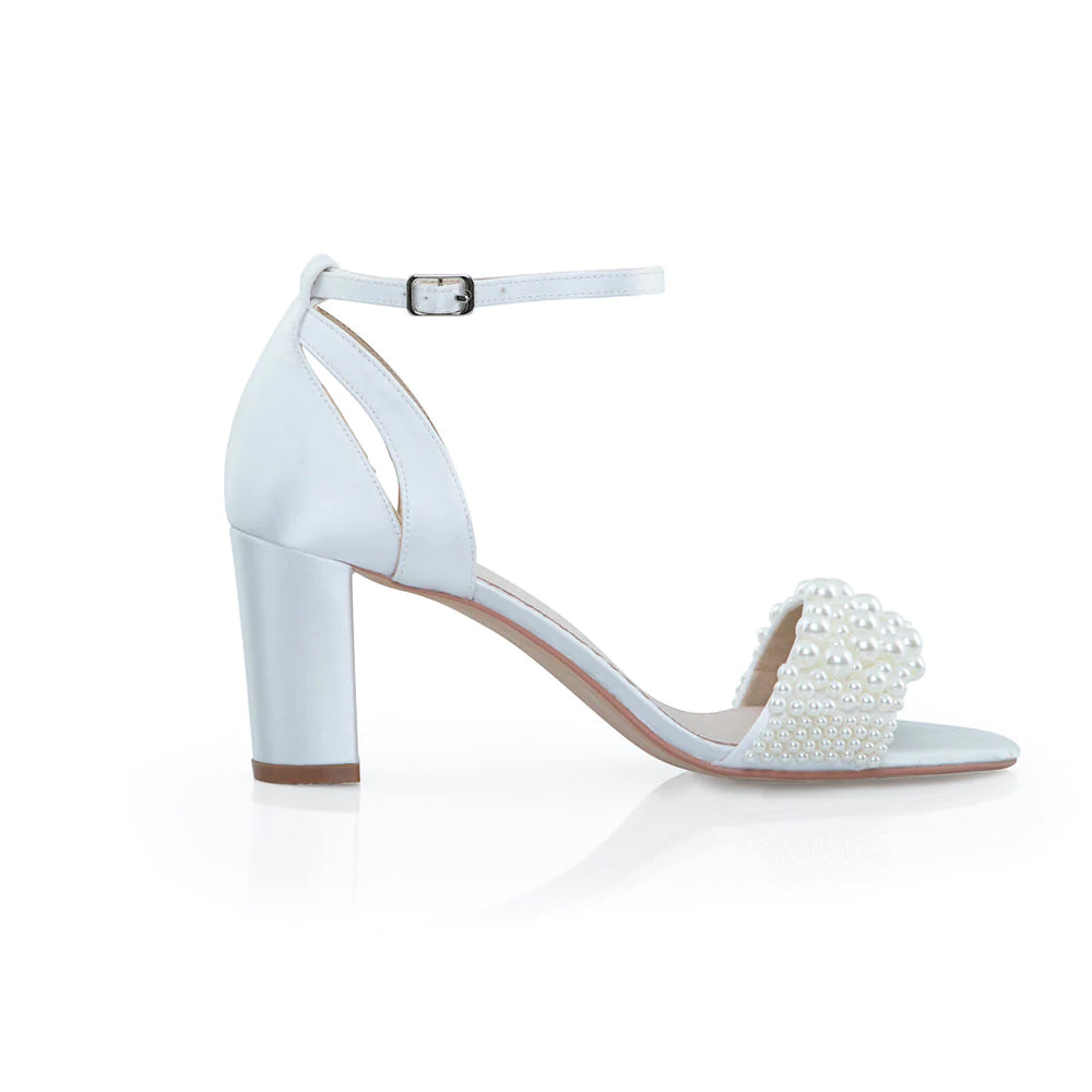 Block Heel Bridal Sandal, Ivory Satin, Pearl Embellishment, By Perfect Bridal, Carrie