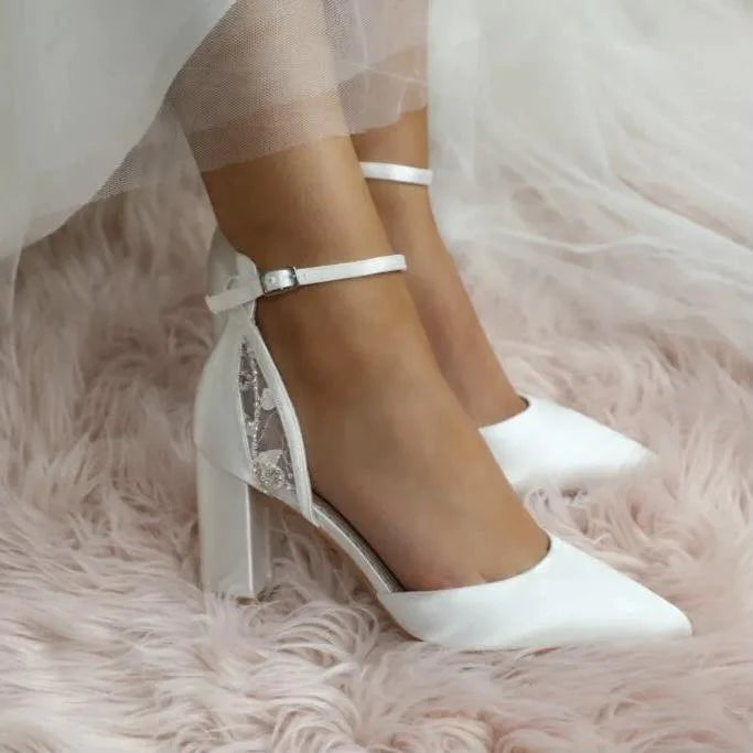 Block Heel Bridal Shoe, Ivory Satin, By Perfect Bridal, INDI