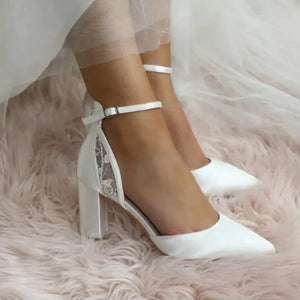 Satin Almond Toe Block Heel with Pearls Ankle Strap - Wedding Heels, Bridal  Shoes, Bridesmaids Shoes