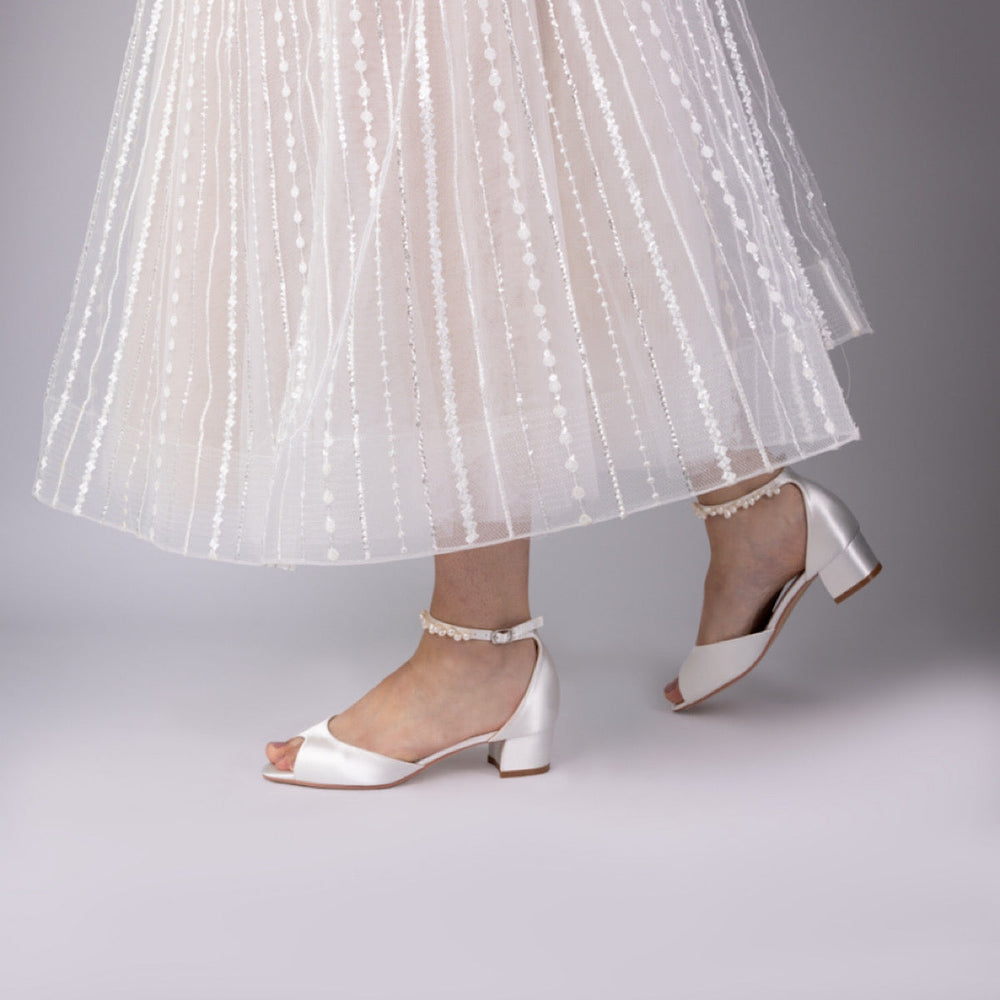 Block Heel Wedding Sandal Ivory Satin Keshi Pearl Ankle Strap By Perfect Bridal, Fiona