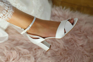 Block Heel Wedding Shoe, Ivory Satin, By Perfect Bridal, ISLA