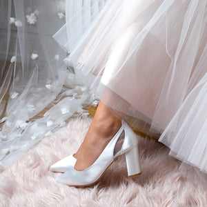 Block Heel Wedding Shoe, Ivory Satin, By Perfect Bridal, Layla