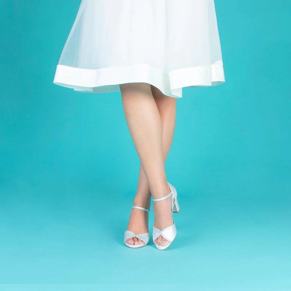 Block Heel Wedding Shoe, Ivory Satin and Glitter, By Perfect Bridal, Sabrina