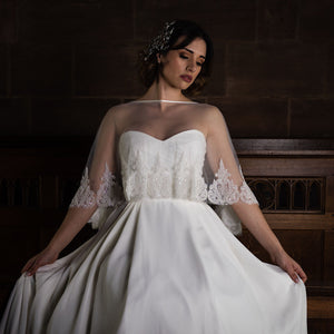 
            
                Load image into Gallery viewer, Bridal Cape Cover Up Ivory Tulle with Beaded Lace Edge PBC3001
            
        