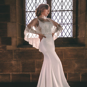 Bridal Cape Cover Up Ivory Tulle with Beaded Lace Edge PBC3001