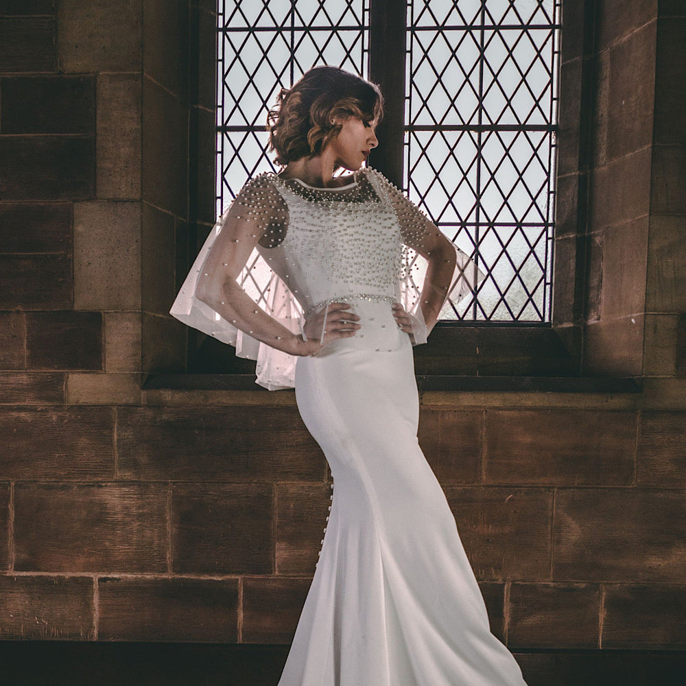 Bridal Cape Ivory Tulle Embellished with Pearls PBC3002