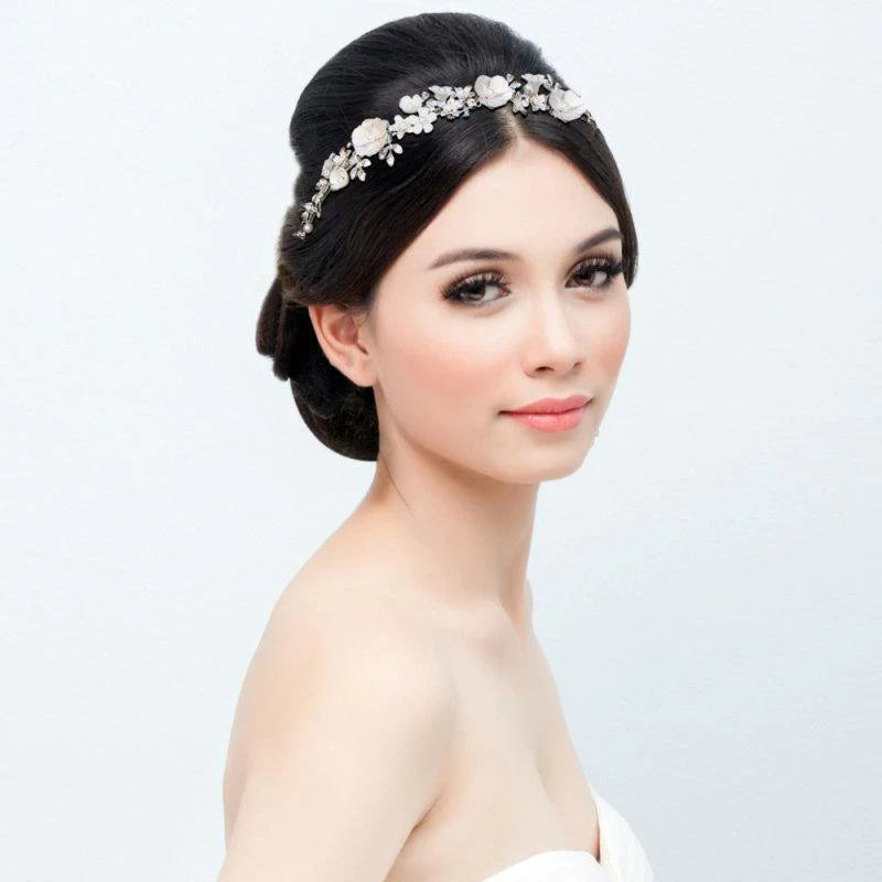 Brides Silver Floral Headband, Porcelain Flowers and Crystals 7582 **SALE**