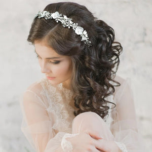 Brides Silver Floral Headband, Porcelain Flowers and Crystals 7582 **SALE**