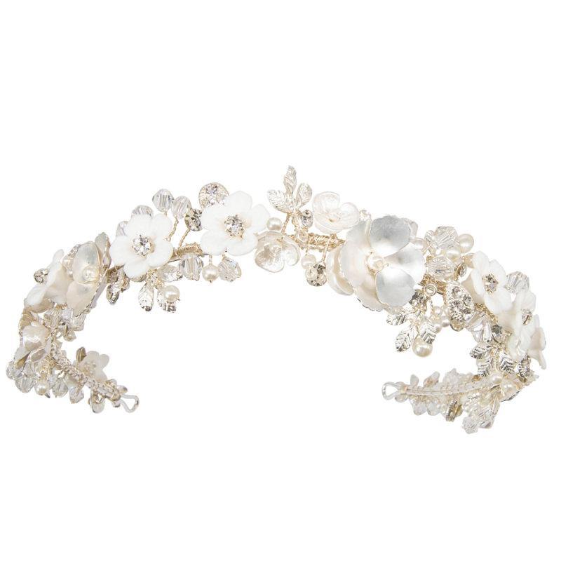 Brides Silver Floral Headband, Porcelain Flowers and Crystals 7582 **SALE**