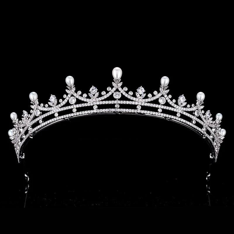 
            
                Load image into Gallery viewer, Brides Crystal and Pearl Wedding Tiara, Silver, 7438
            
        