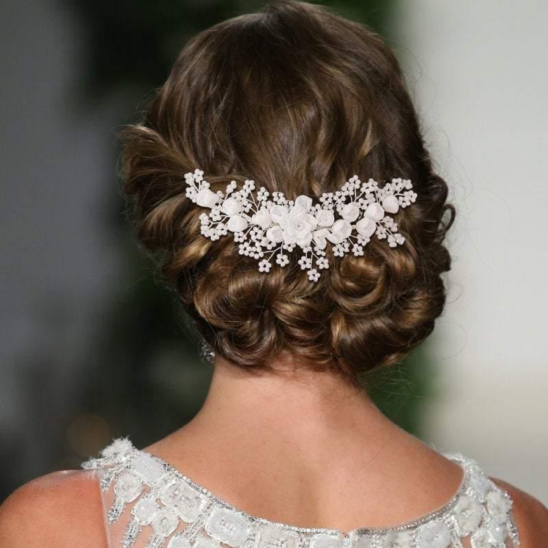 Brides Floral Hair Comb, Ivory Flowers and Pearlescent Beads, Silver 7308