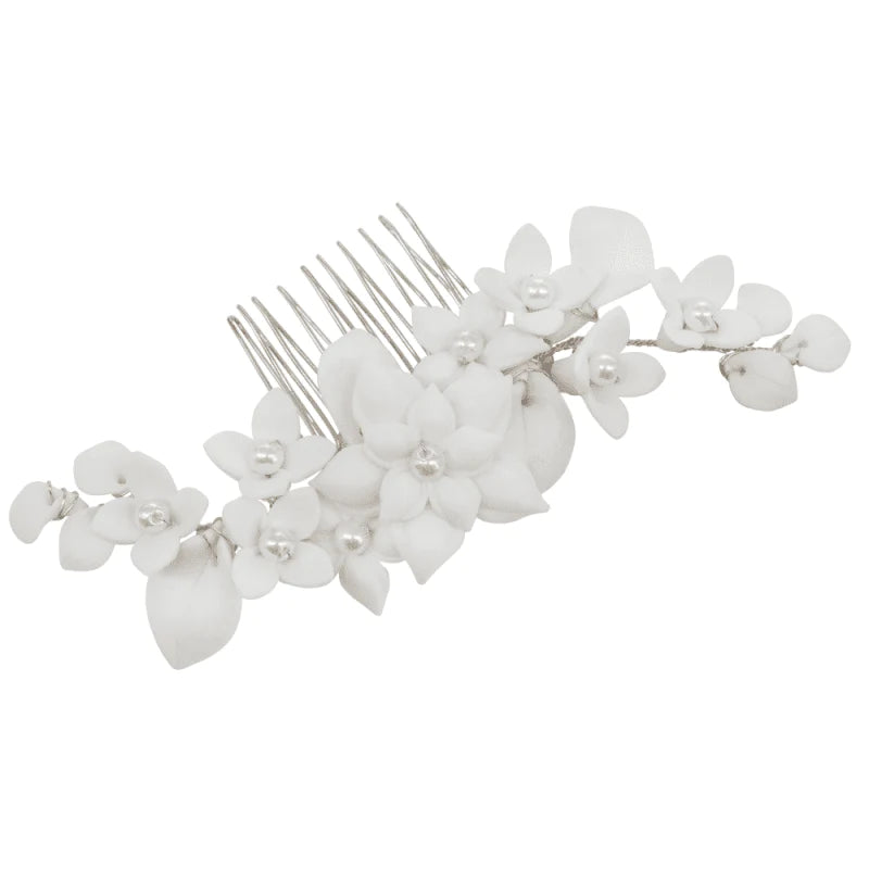 Brides Floral Hair Comb, Ivory Flowers and Pearls, 9799
