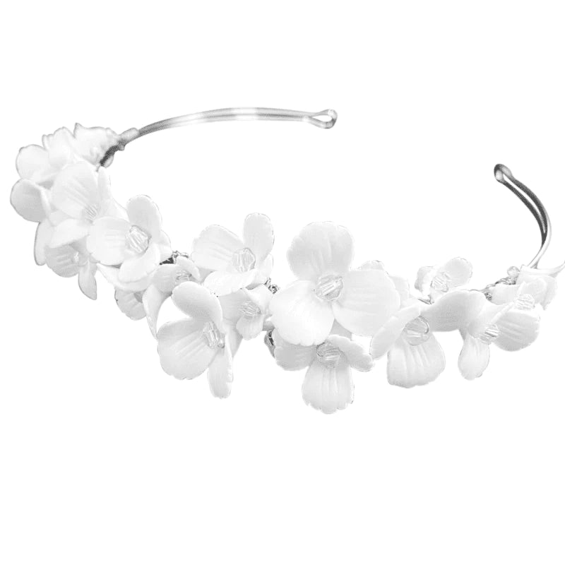 Brides Floral Headband, White Clay Flowers, 9012