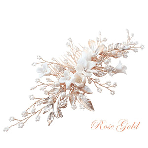 
            
                Load image into Gallery viewer, Brides Rose Gold Floral Hair Comb with Crystal and Pearls, A1986
            
        