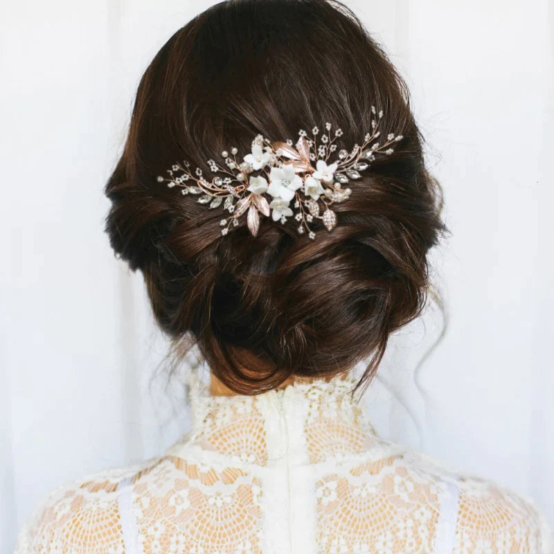 Brides Rose Gold Floral Hair Comb with Crystal and Pearls, A1986