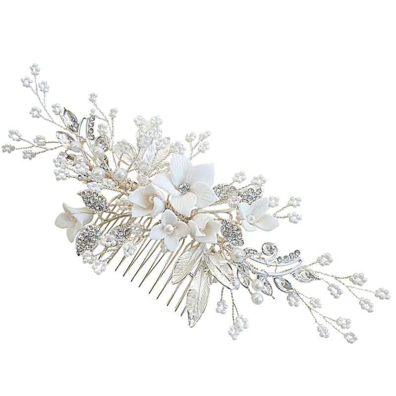 Brides Silver Floral Hair Comb with Crystal and Pearls, A1940