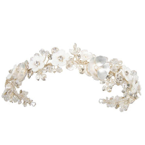 
            
                Load image into Gallery viewer, Brides Silver Floral Headband, Porcelain Flowers, Crystals 7582
            
        