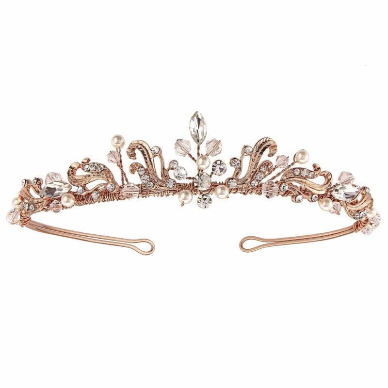 Brides or Bridesmaids Clarabelle Rose Gold Tiara, Clear Crystals, Ivory Pearls 19