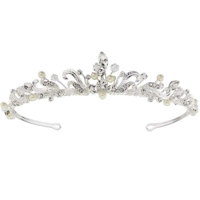 
            
                Load image into Gallery viewer, Brides or Bridesmaids Clarabelle Silver Tiara, Clear Crystals, Ivory Pearls 18
            
        