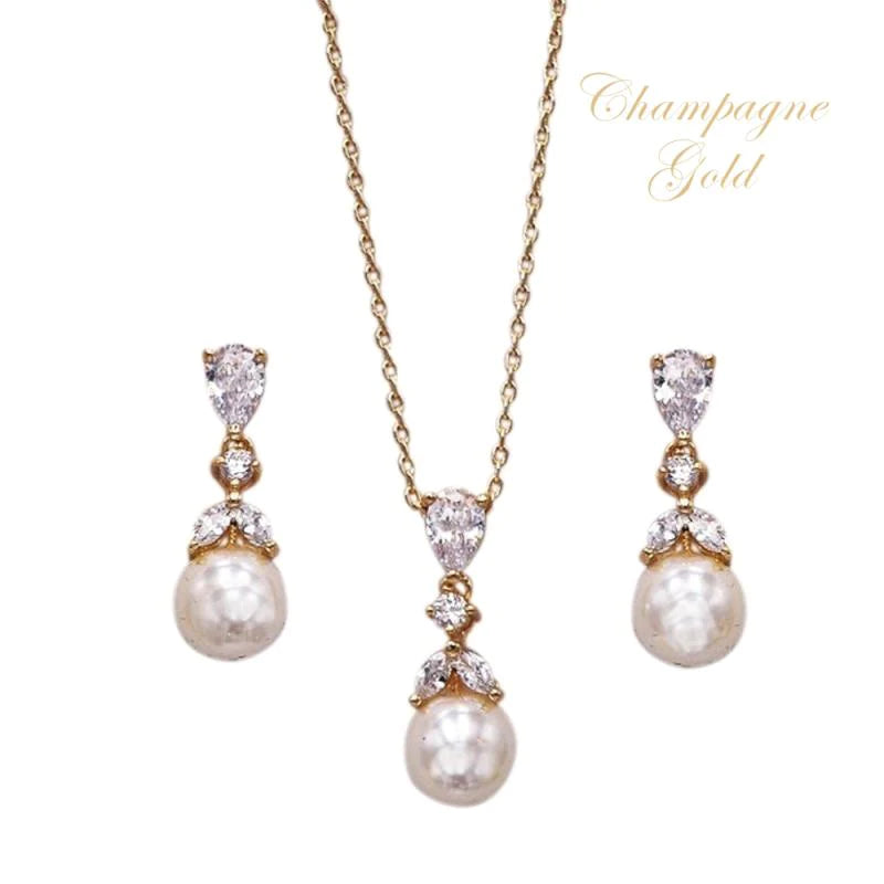 Champagne Gold Crystal and Pearl Bridal Jewellery Set 7534