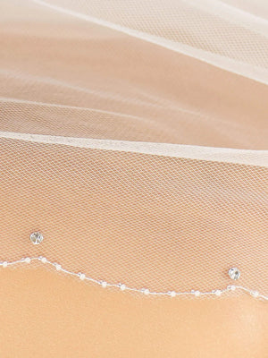 Chapel Length Two Tier Wedding Veil, Glass Bead Edge, Soft Ivory Tulle, Swarovski Crystals S206