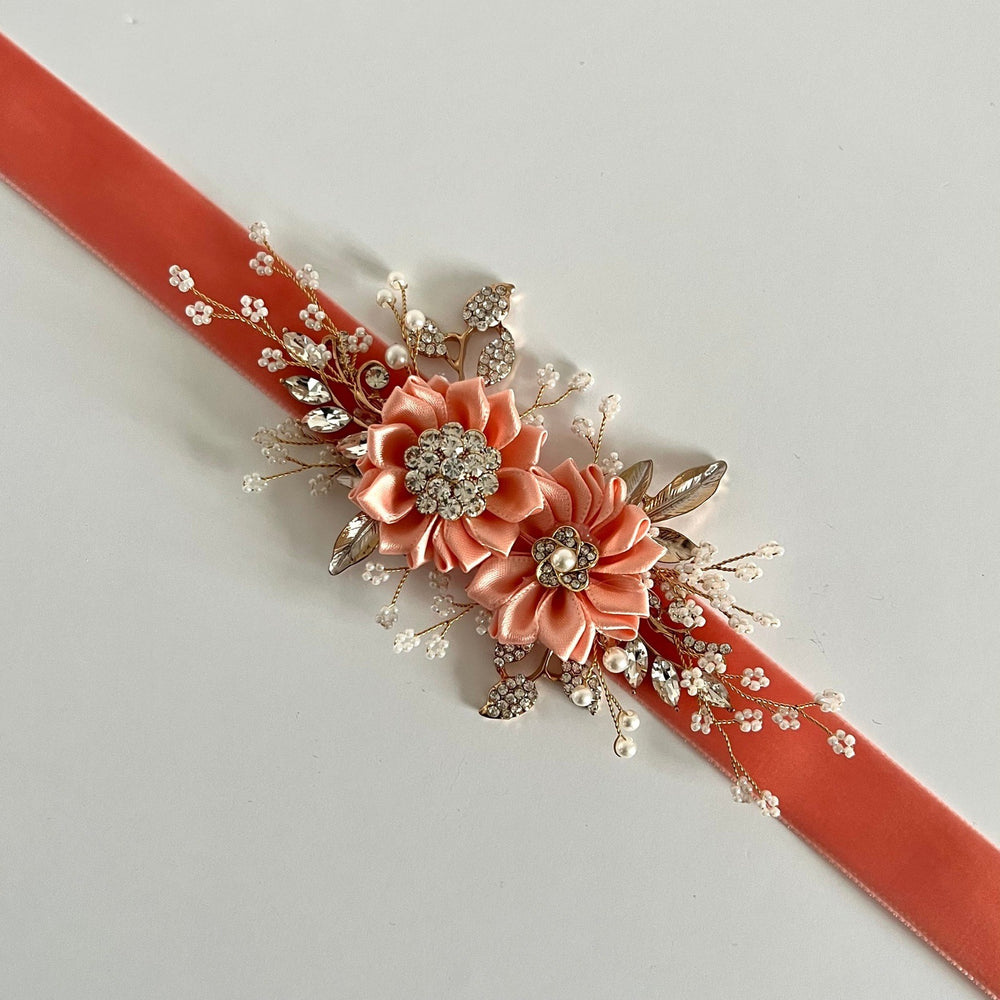 Coral Flower Girl Belt Sash, Bridal Belt, Velvet Wedding Dress Belt, All colours, TT439