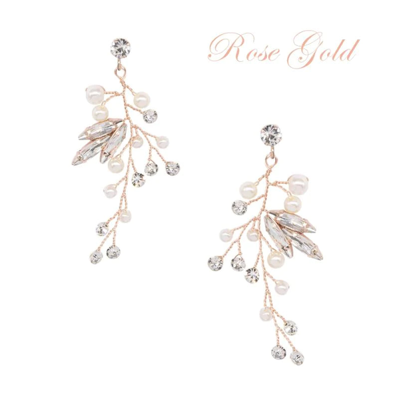 Crystal and Pearl Vine Drop Earrings, Gold, Rose Gold, Silver, Bridal Jewellery - Topknot Tiaras & Veils
