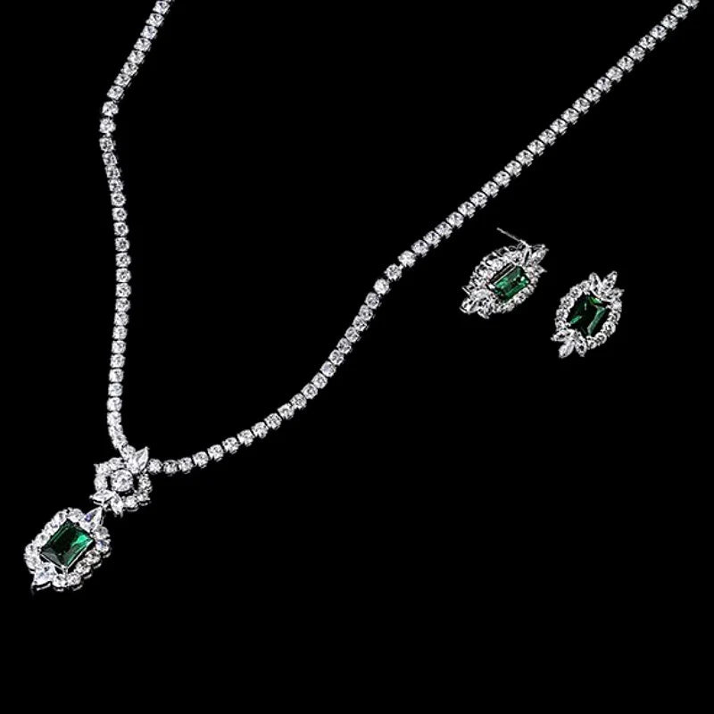Crystal Necklace & Earring Set, Emerald Green Wedding Jewellery 9173