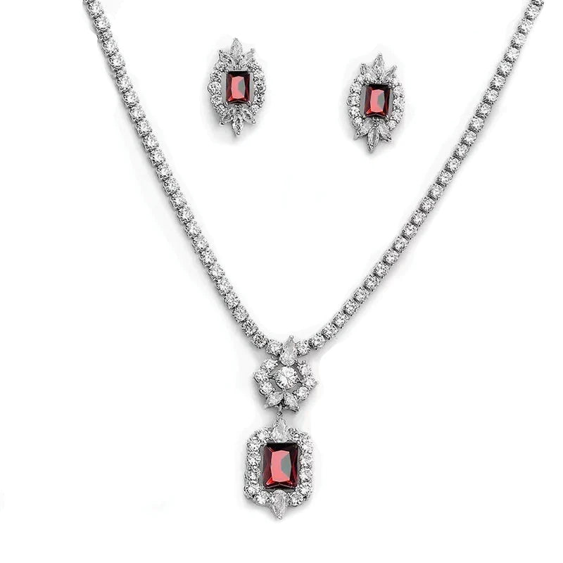 Crystal Necklace & Earring Set, Ruby Red Wedding Jewellery 9176