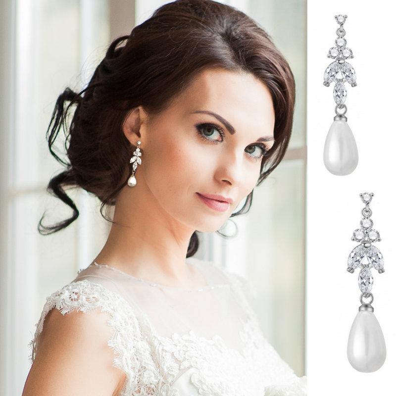 Crystal and Pearl Drop Wedding Earrings, Silver 7436