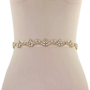 Crystal and Pearl Embellished Bridal Belt, Gold Wedding Dress Belt, Organza Sash 148