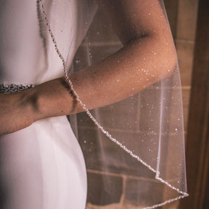 Fingertip Wedding Veil Glitter Tulle Single Tier Pearl & Crystal Edge PBV9057