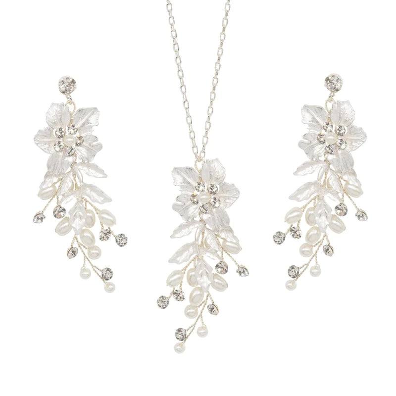 Brides Floral Necklace & Earring Set with Pearls & Crystals, A9020 - Topknot Tiaras & Veils