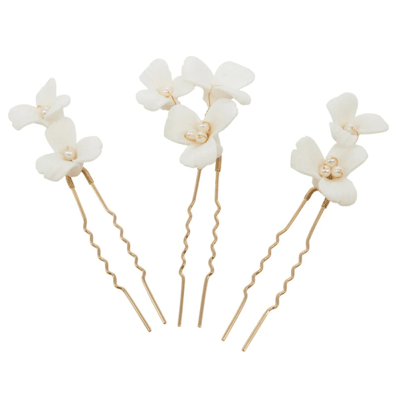 Floral Bridal Hair Pins Set, Ivory Ceramic Flowers, 9780