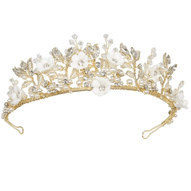 Floral Bridal Tiara with Porcelain Flowers, Crystals and Pearls, 9021