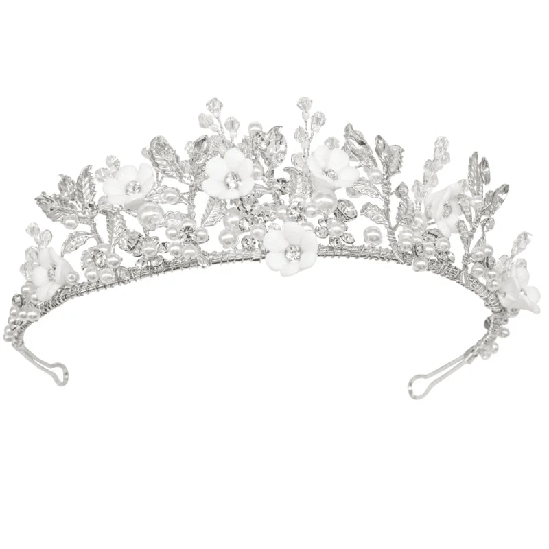 Floral Bridal Tiara with Porcelain Flowers, Crystals and Pearls, 9022